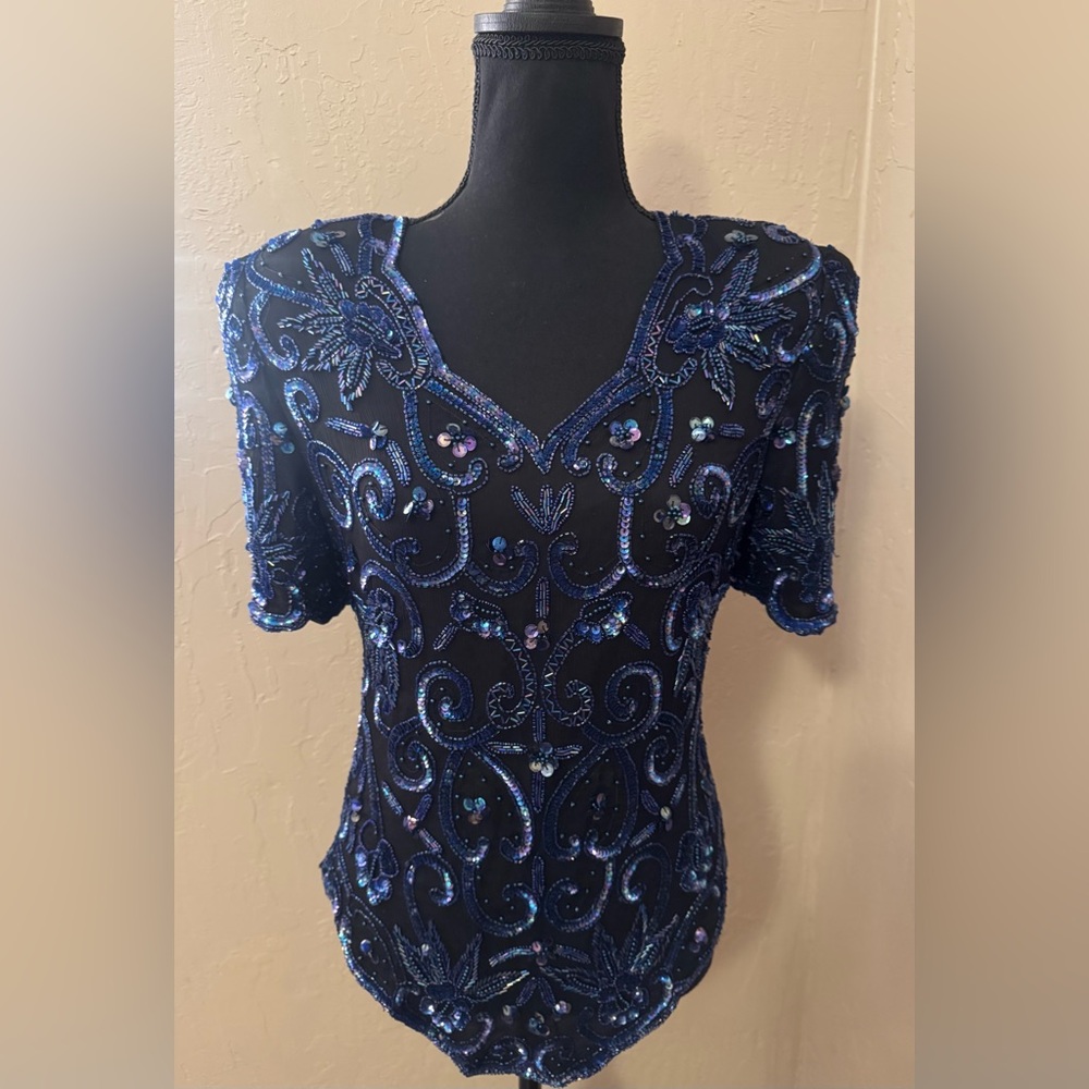 Vintage Laurence Kazar Blue Beaded Top